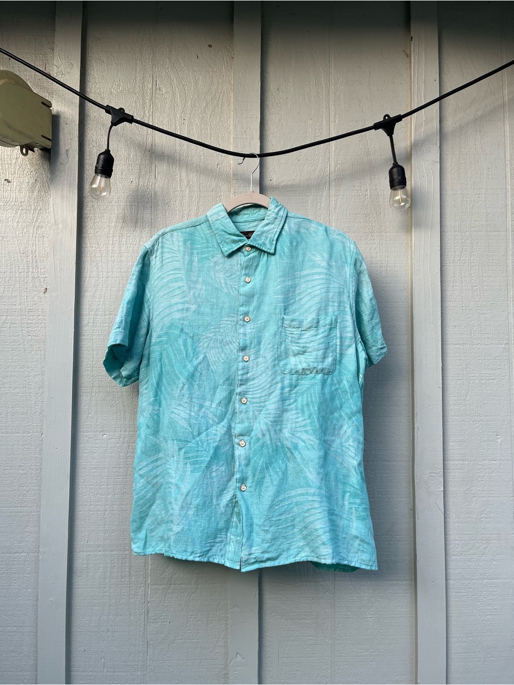 Tasso Elba Aqua Palm-Print Short-Sleeve Button-Down Shirt
